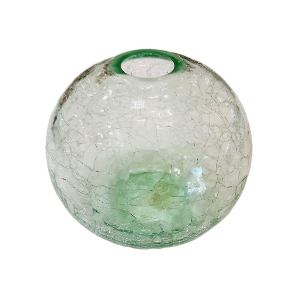 Silvestri Art Glass Globe Vase Bowl Light Green Mouth Blown Crackled 5.5